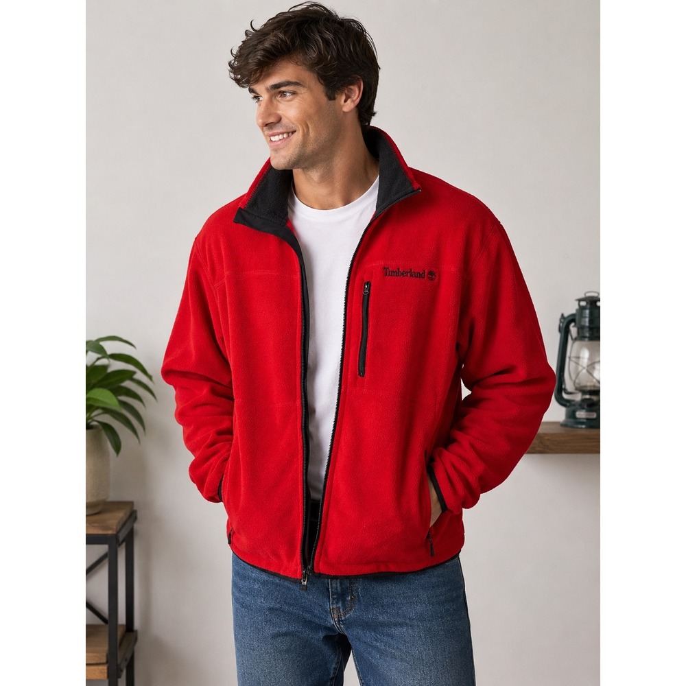 Timberland Mens Zip Fleece Jacket Red Black Trim Mock Neck XL Hiking Outdoor